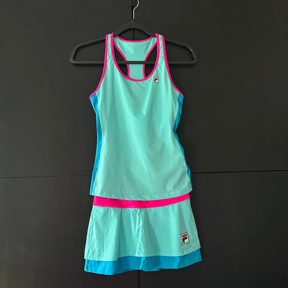 Fila Tie Breaker Aqua and Pink Sports Tank and Skirt Tennis Set Size XS
